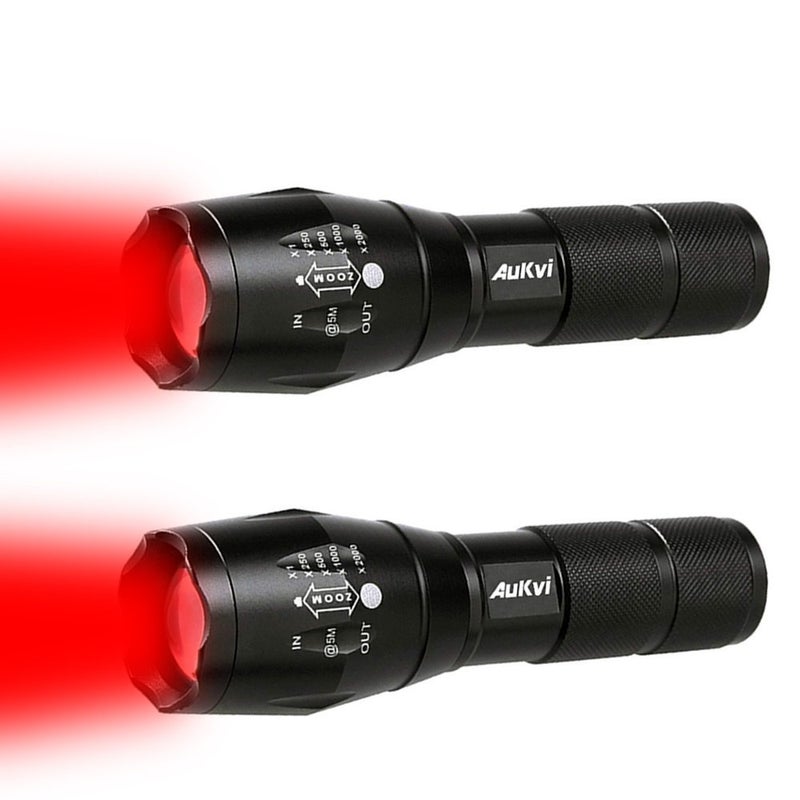 AuKvi 2 Pcs Powerful Red LED Flashlight - Long Range Red Hunting Light Torch, Zoombale, Waterproof, Best for Astronomy, Aviation, Night Observation - Image 1